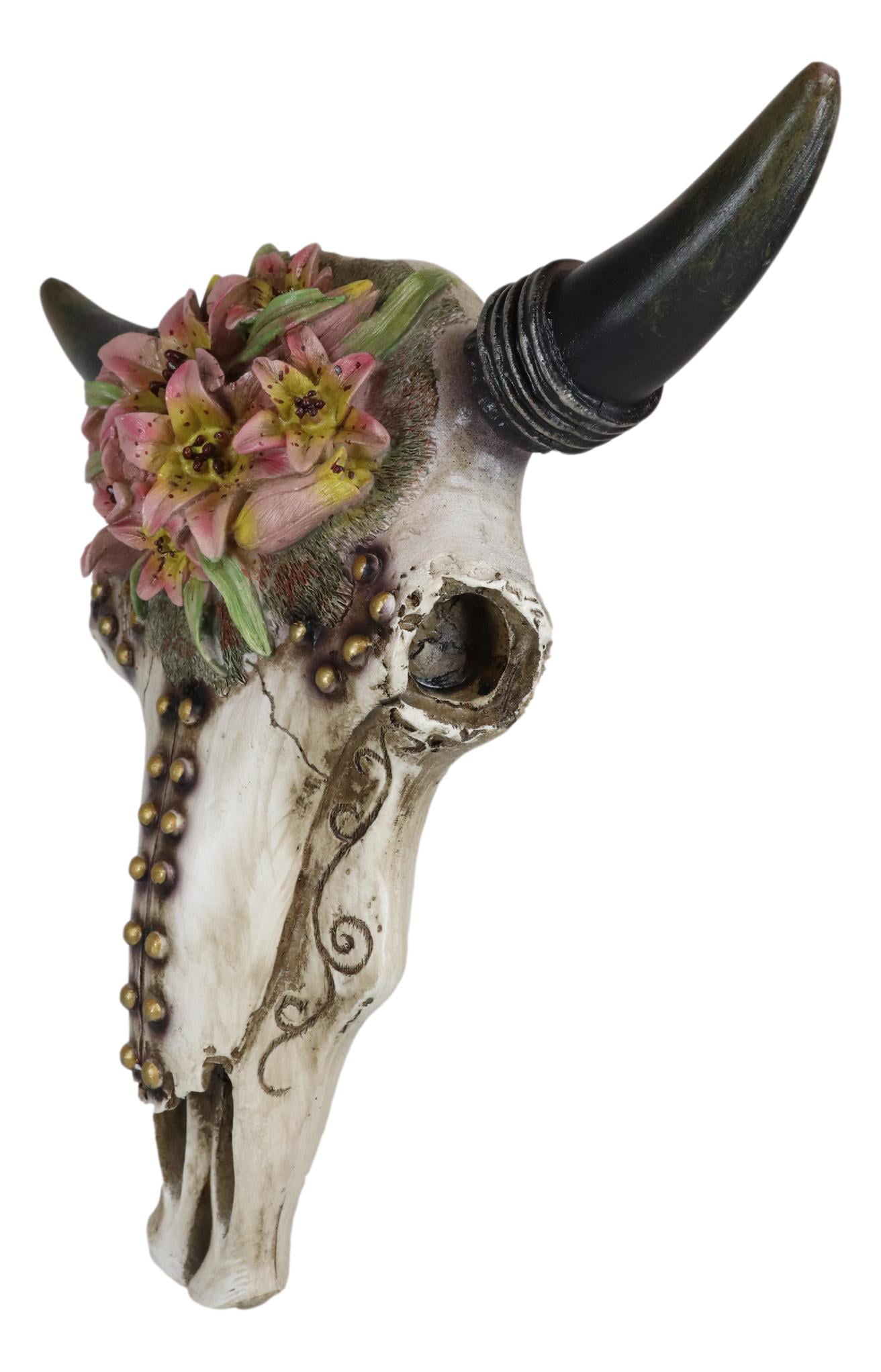 Bull Cow Skull with Floral Lilies & Golden Nailheads Wall Decor Plaque EBR02 