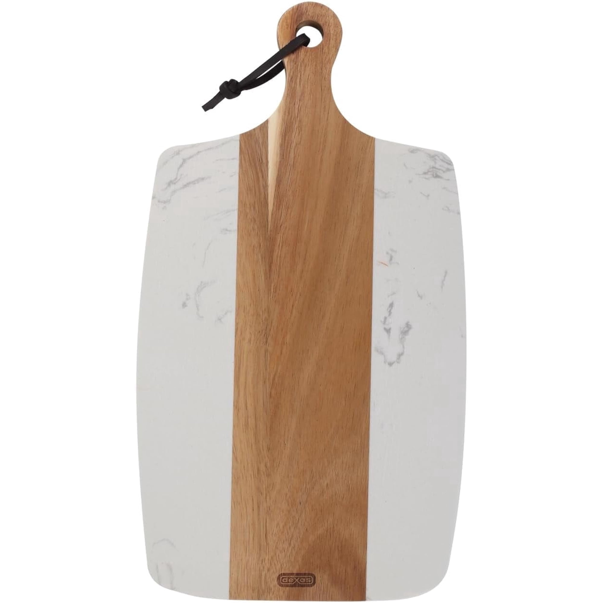 Dexas White Marble and Acacia Wood Charcuterie Board – 15.75 x 8.5 Serving Platter – Cheese, Meat & Appetizer Tray for Entertaining