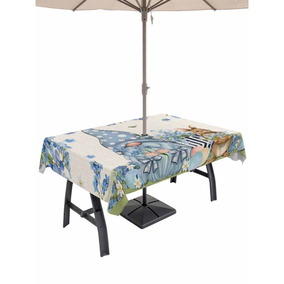 Outdoor Tablecloth with Umbrella Hole and Zipper, Easter Rectangle Table Cloth 54x80 Inch Waterproof Tablecloth, Farmhouse Retro Spring Rabbits Gnomes Blue Flowers Picnic Table Cover for Patio