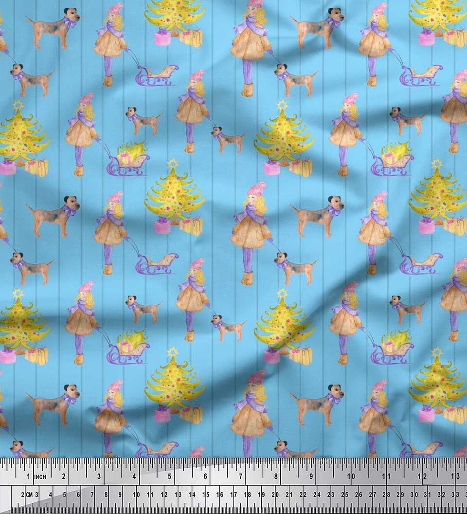 Soimoi Blue Rayon Crepe Fabric Women,Gift Box & Tree Christmas Print Fabric by the Yard 46 Inch Wide