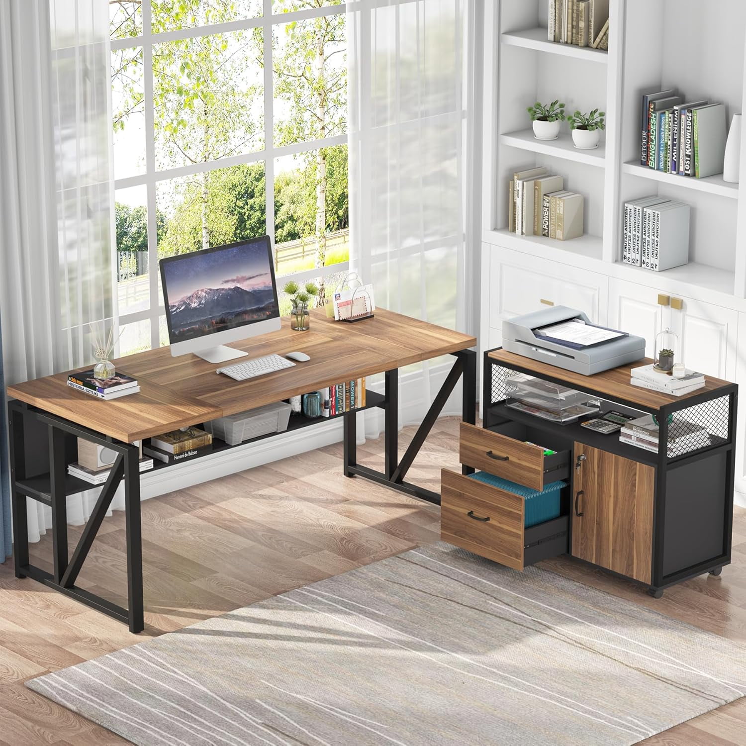 Tribesigns 63" L Shaped Executive Desk with Lateral File Cabinet, Doors with Locks, Desk with Shelf (Walnut and Black)