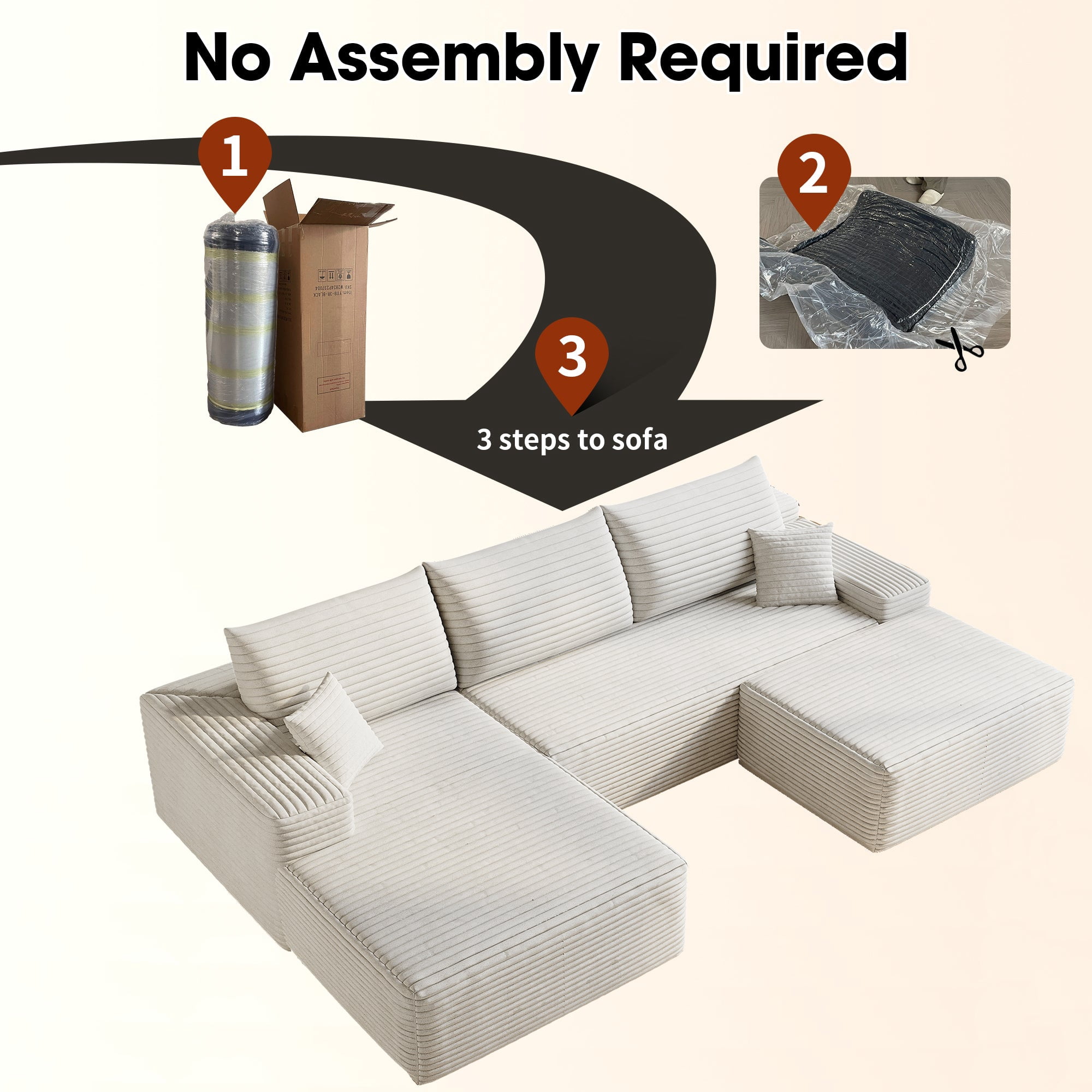 Sailvan 107" Cloud Sectional Couch, Cloudy Sofa with L-Shape Chaise & Ottoman, Upholstered Couches for Living Room & Bedroom, No Assembly Required, Plush Corduroy Fabric, Beige