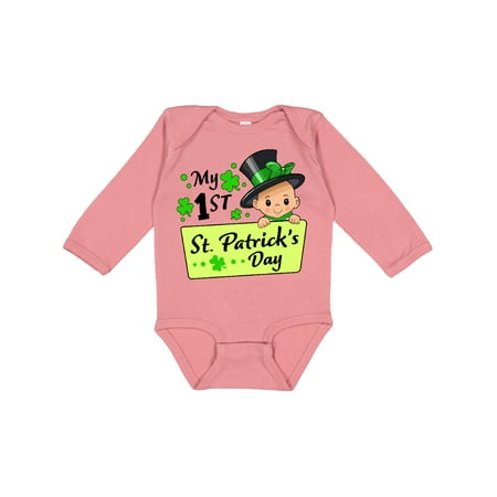 

Inktastic My 1st St. Patrick s Day- Baby in Top Hat and Bow Gift Baby Boy or Baby Girl Long Sleeve Bodysuit