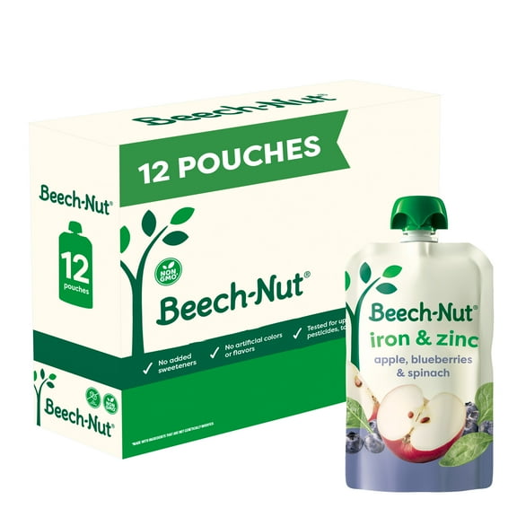 Beech-Nut Iron & Zinc Stage 4 Toddler Food, Apple Blueberry Spinach, 3.5oz Pouch (12 Pack)