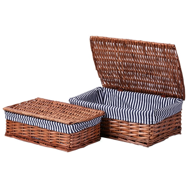 Lined Wicker Storage Shelf Baskets With Lids, Set of 2