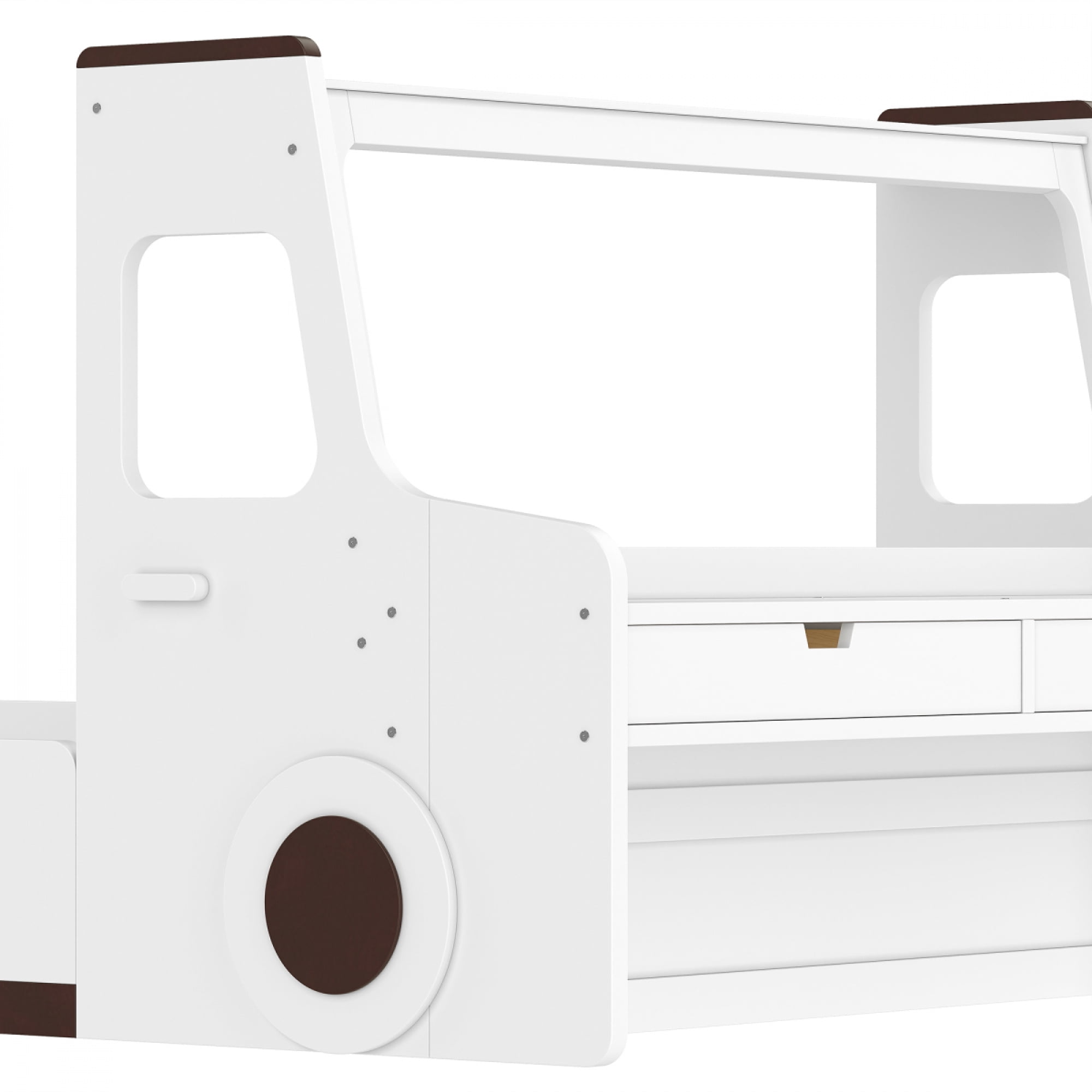 Full Size Car-Shaped Floor Bed - with Storage Drawers, Window & Desk for Bedroom,Light White