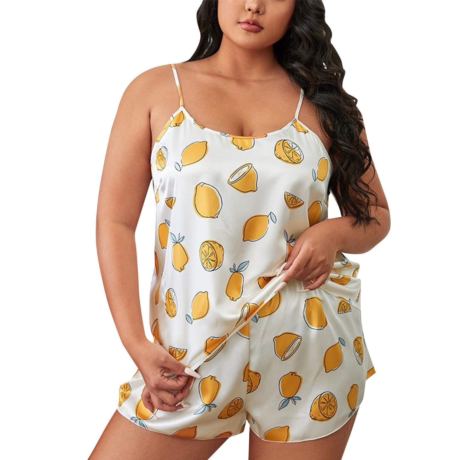 B91xZ Women Cami Pajama Set Sleeveless Sleepwear Soft Pj Lounge Sets Yellow 5XL