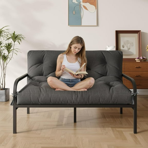 6" Futon Mattress Queen Size, Futons Sofa Couch Bed with Straps, Thick Corduroy Fabric Floor Mattress for Adults, Foldable Mattress with Shredded Foam Filling (Frame Not Included), Grey