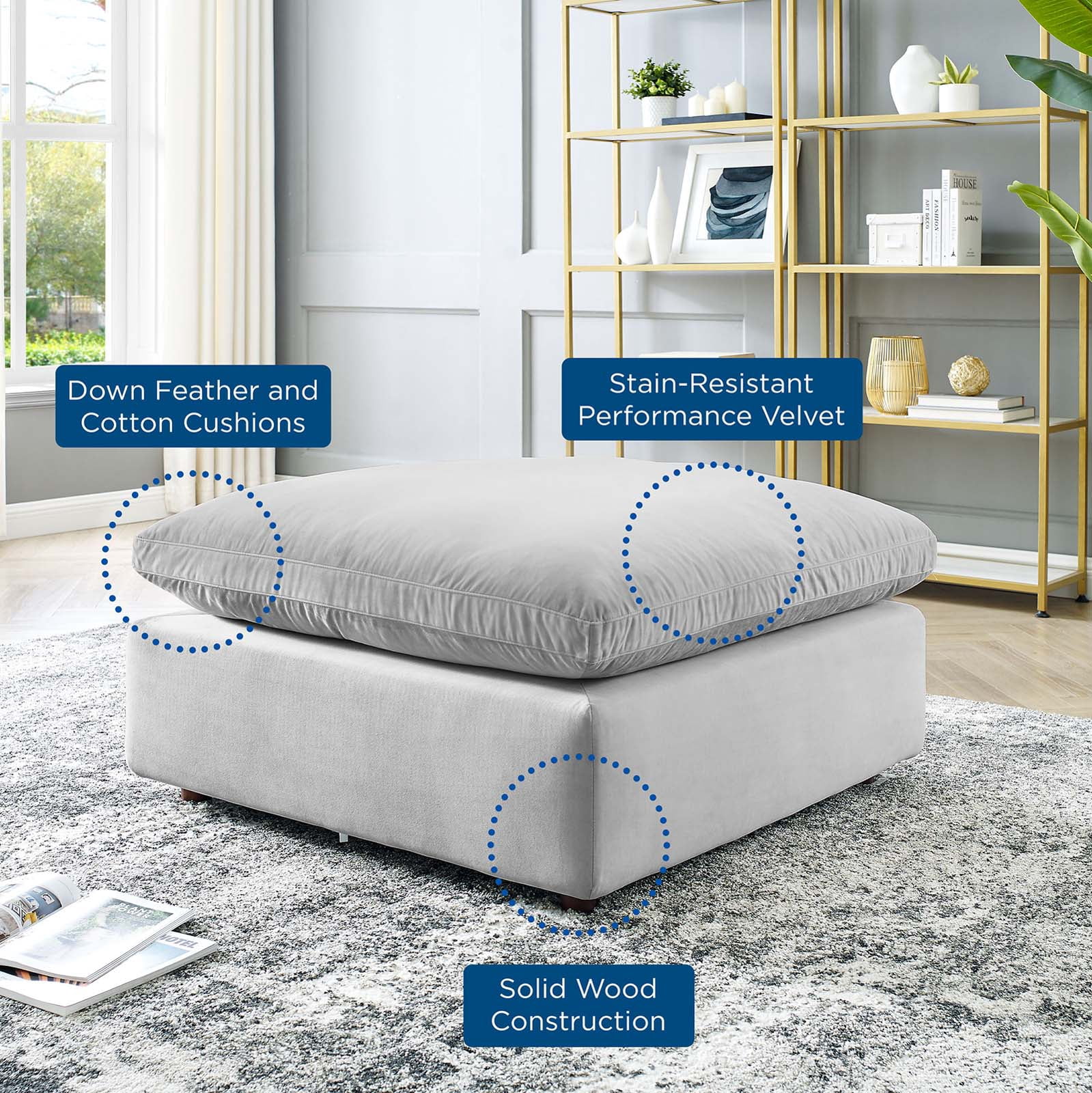Modway Commix Down Filled Overstuffed Performance Velvet Ottoman in Light Gray