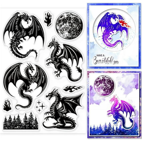 Fire Dragon Clear Stamp Lunar Phase Clear Rubber Stamps Forest Silicone Stamps for Scrapbooking Photo Album Decorative Cards Making Home Decoration 6.3x4.33inch Clear DIY