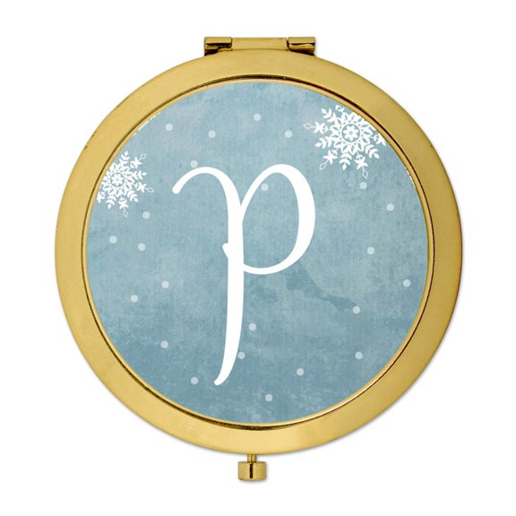 Koyal Wholesale Gold Compact Mirror Bridesmaid's Wedding Gift, Blue Winter Snowflakes, Monogram Letter P, 1-Pack