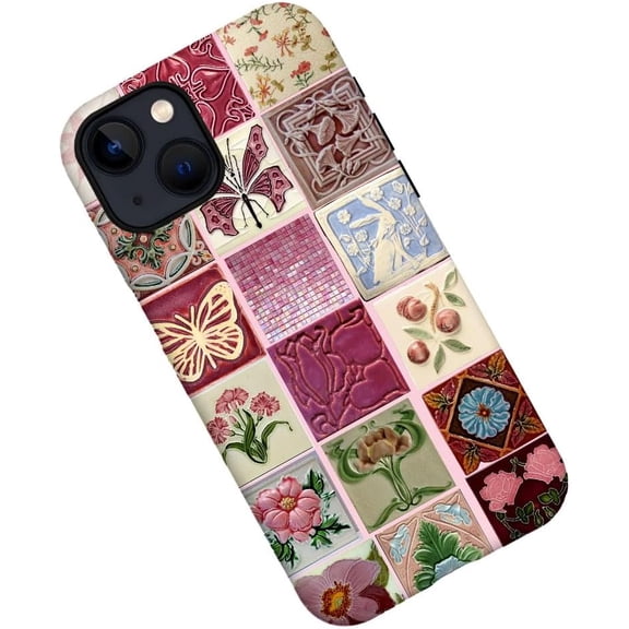 Case for iPhone 14, Pink Tiles Butterfly Flower Collage Phone Case Military-Grade Drop Protection Cover for Women Girl - Frosted