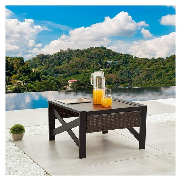 HeSLehs Outdoor Metal Coffee Table Patio Square Side End Wicker Rattan Furniture with X Shaped Steel Legs, Brown&Black