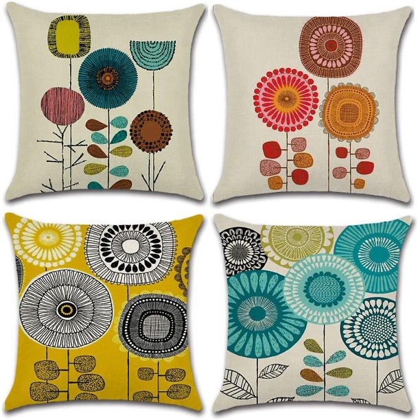 Juego de 4 Fundas de almohada de lino y poliéster 45 x 45 cm flores abstractas Banban