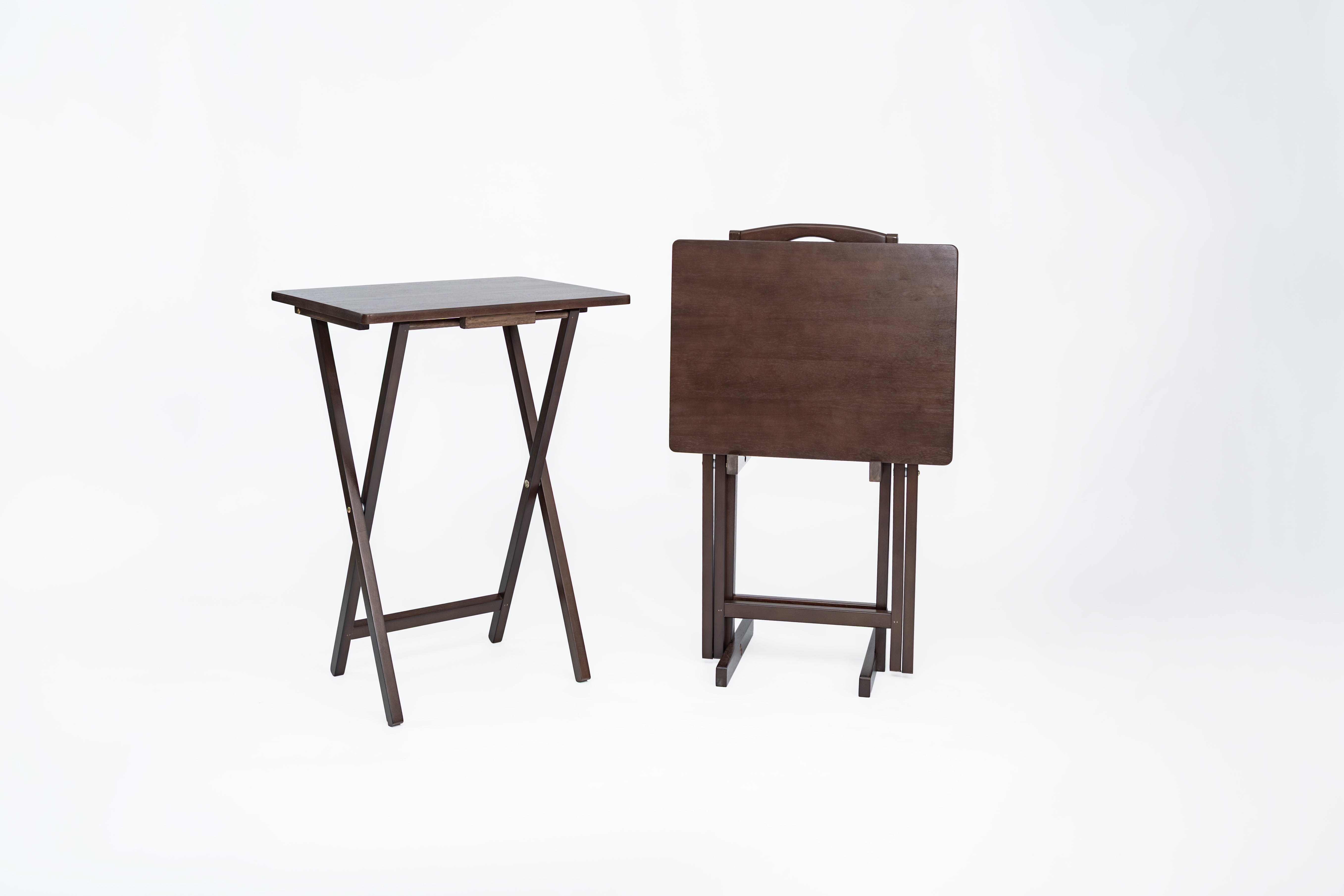 (2 pack) Mainstays TV Tray Table Set, 3-Piece with 2 Folding Rubberwood Trays and Storage Rack, Walnut