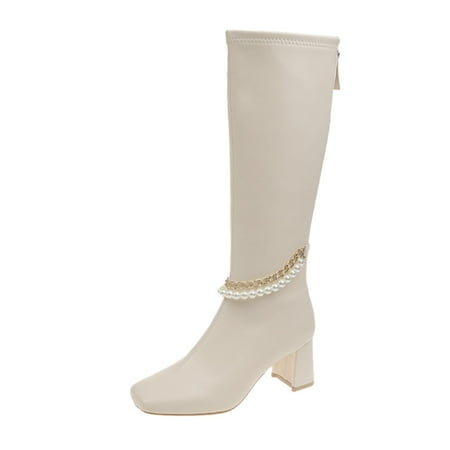 

dmqupv Womens Boots Leather Knee High Heels Shoes Thigh Fashion Retro women s boots Boots Women Knee High Leather Shoes White 8