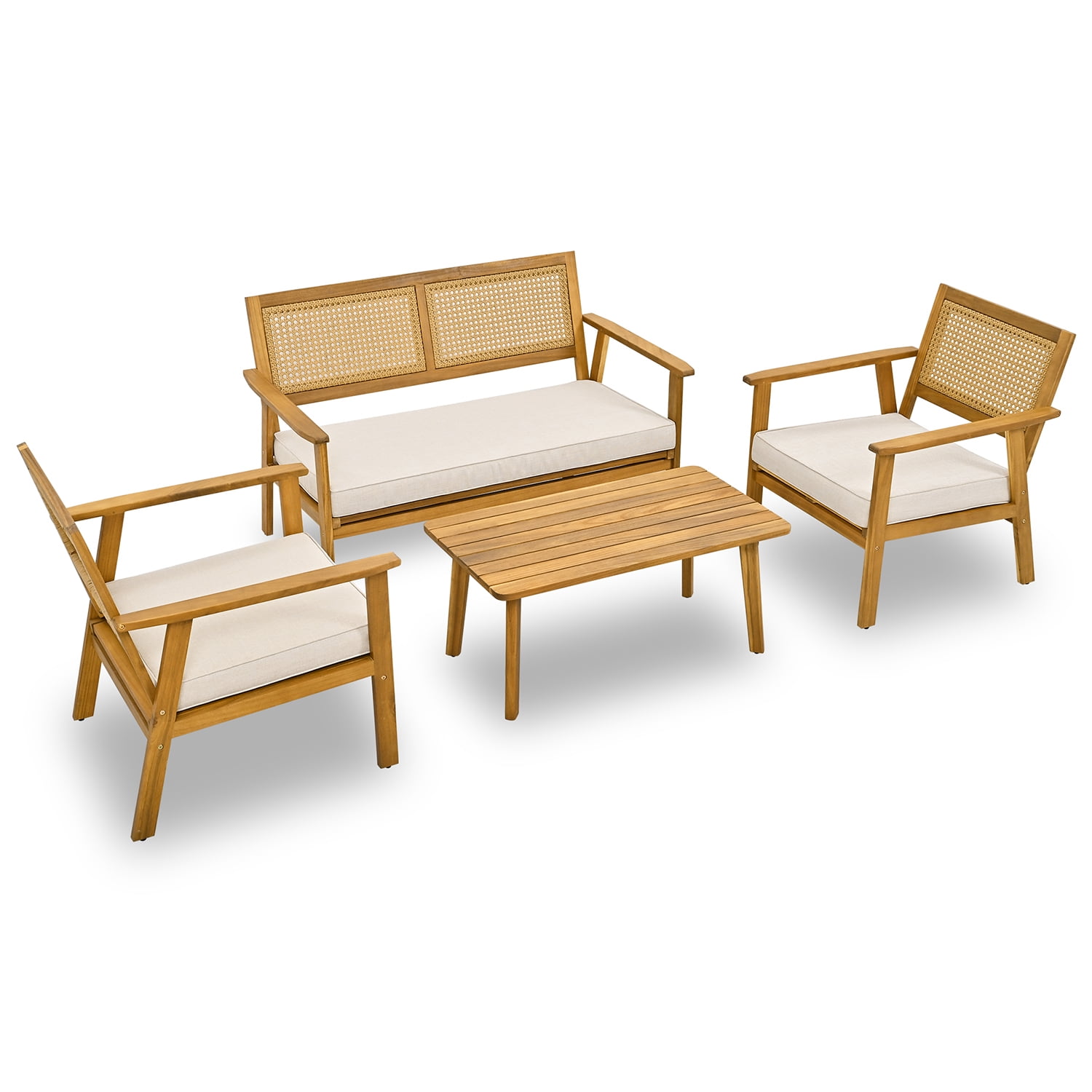 Kepooman 4 Piece Outdoor Acacia Wood Sofa Set for Garden, Outdoor Furniture Set with 2 Single Chairs, 1 Rectangular Table, Double Chair, Natural Kepooman 4 Piece Outdoor Acacia Wood Sofa Set for Garden, Outdoor Furniture Set with 2 Single Chairs, 1 Rectangular Table, Double Chair, Natural