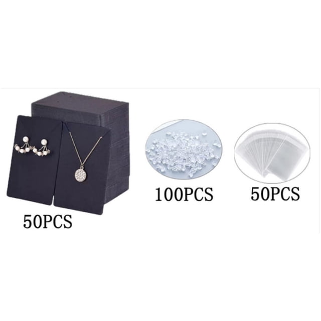 Juego de 200 Piezas de Tarjetas de Exhibición de Collares y Pendientes, Incluye 50 Tarjetas Negras para Porta Aretes, 50 Bolsas Autoadhesivas, 100 Tapones de Goma para Pendientes, Tarjeta de