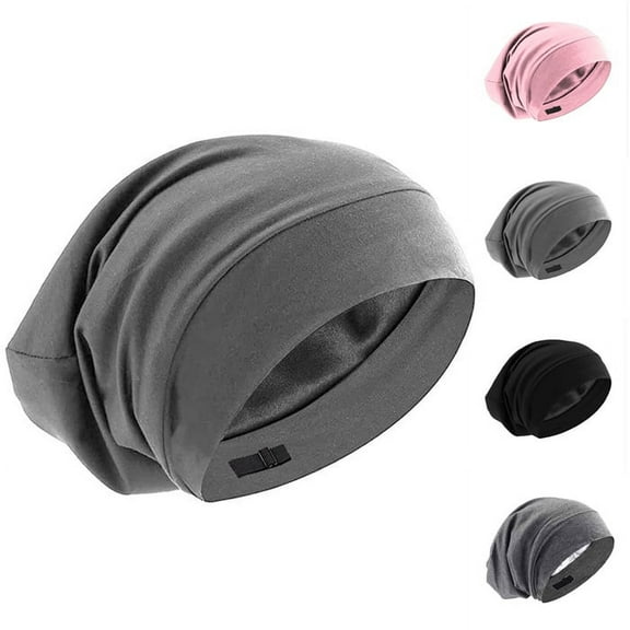 Silk Satin Sleep Cap Bonnet Hair Cover for Sleeping Silk Lined Beanie Hat for Natural Curly Hair Adjustable Night Cap - Gray