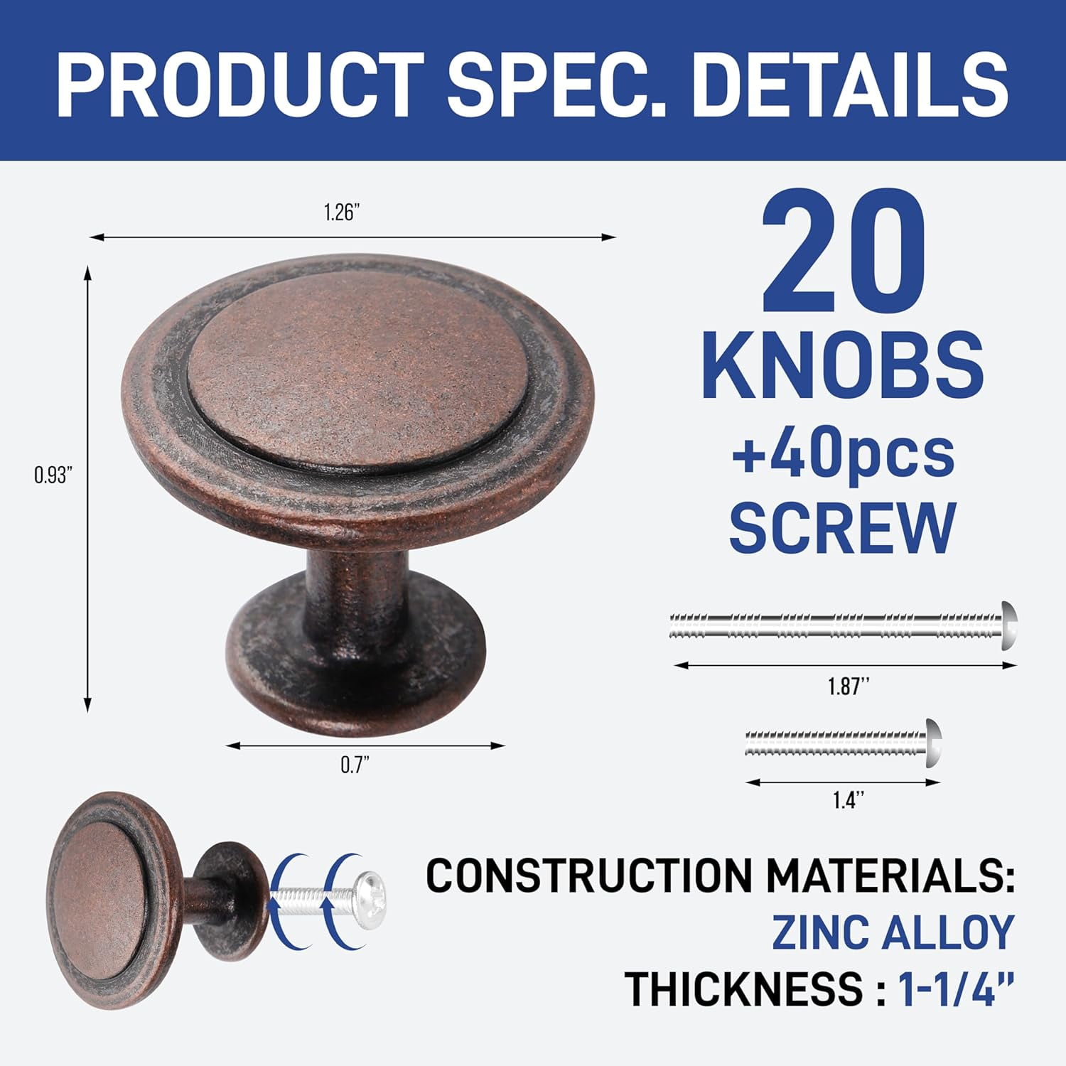 20pcs Oil Rubbed Bronze Cabinet Knobs – 1-1/4” Modern Drawer Pulls, Durable Zinc Alloy Handles with Short & Adjustable Screws for Kitchen, Dresser, Cabinets