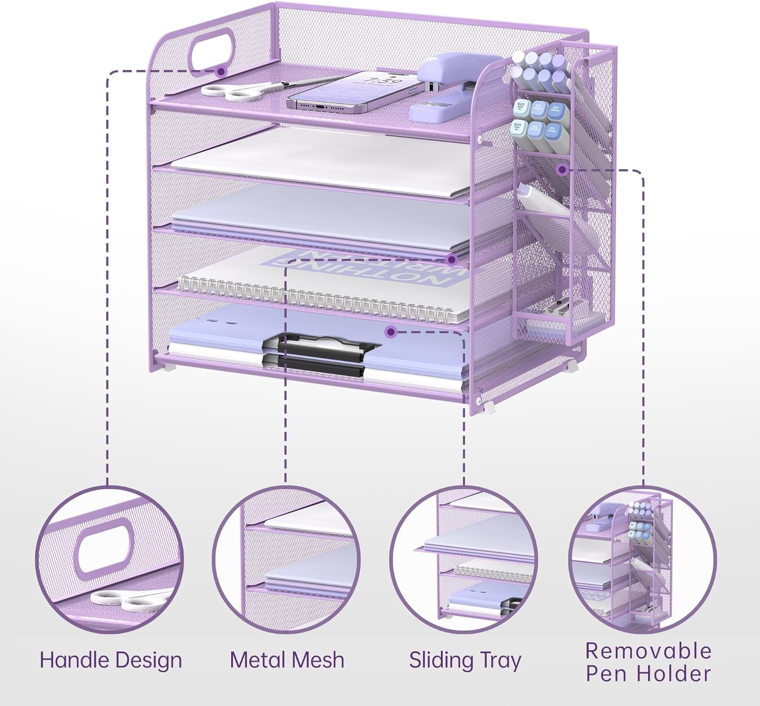 INTIGE 5-Tier Metal Mesh Desk Organizer with Handle & Removable Pen Holders, Purple, 1 Pcs