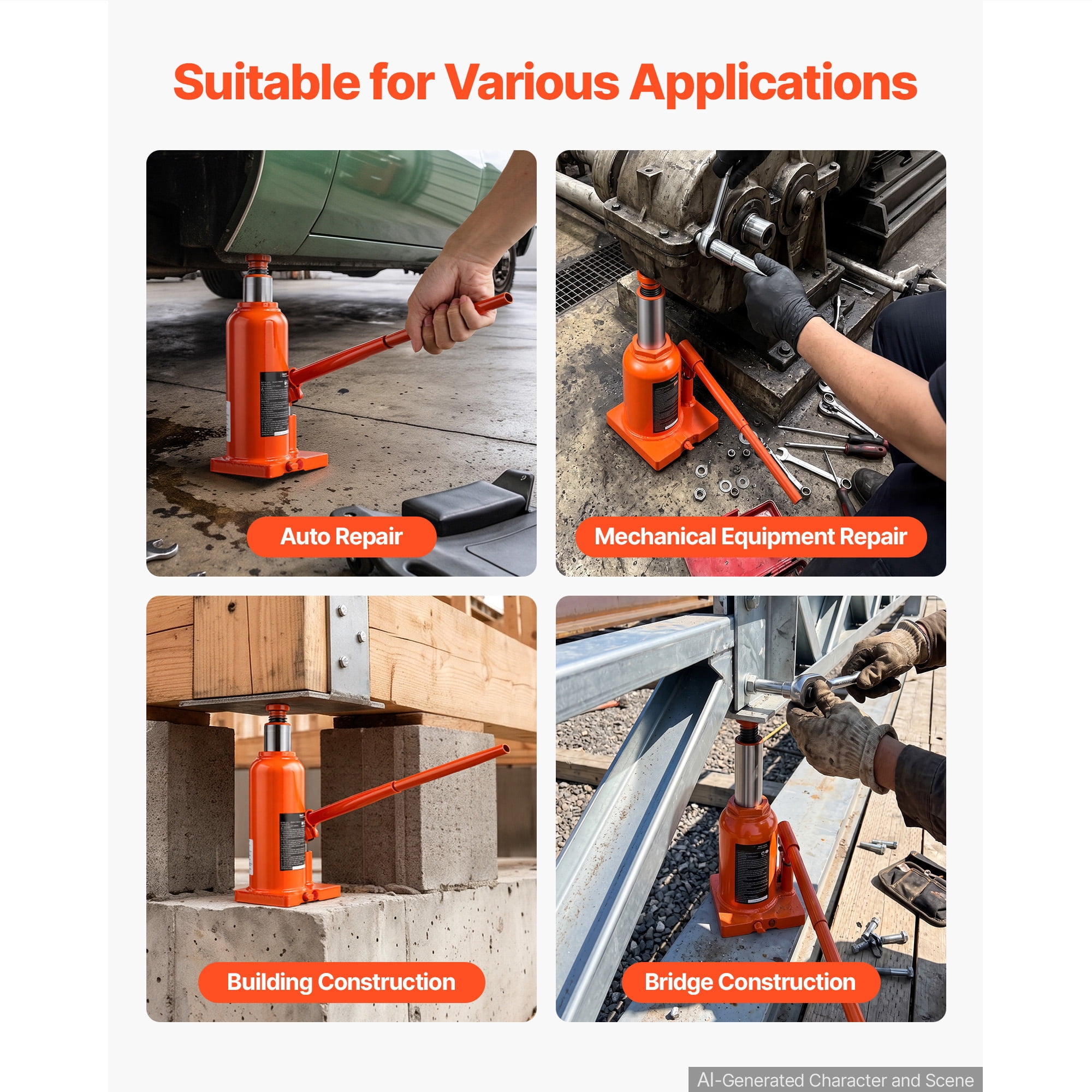 KFFKFF Hydraulic Bottle Jack 12 Ton Capacity, 9.06"-17.32" Adjustable Lifting Range,Suitable for Pickup Trucks,Medium-Duty Vehicles, RVs,Durable Multi-Directional Jack with Extended Handle