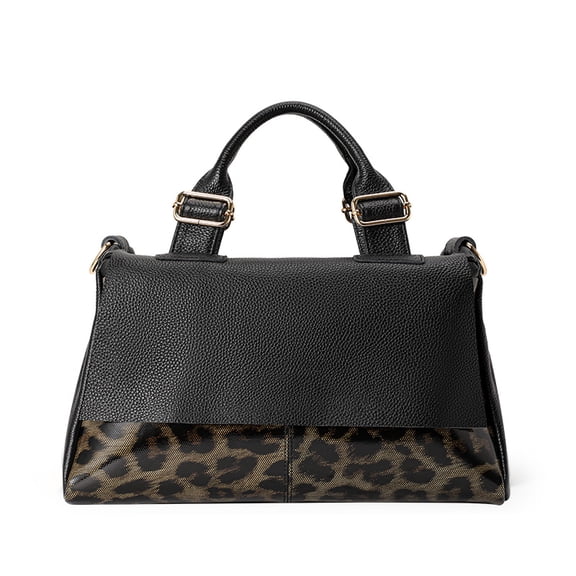 Genuine Cowhide Leopard Print Women Tote Bag, Black Shoulder Crossbody Purse