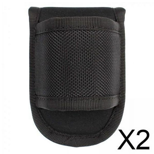 2x estuche para linterna, soporte organizador, paquete, funda para linterna para acampar y hacer senderismo Paquete de 2 fundas negras de nylon, vista frontal centrada de una funda compacta con apertura superior, costuras reforzadas y tejido texturizado, tamaño aprox. 6.5x10 cm; sujeta linternas, multiherramientas o bolígrafos al cinturón durante senderismo.