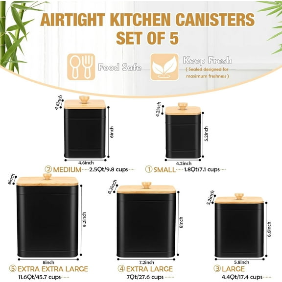 Kitchen Canisters Set of 5 with Labels & Marker Pen, Airtight Metal Jars for Coffee, Tea, Sugar, Flour Storage
