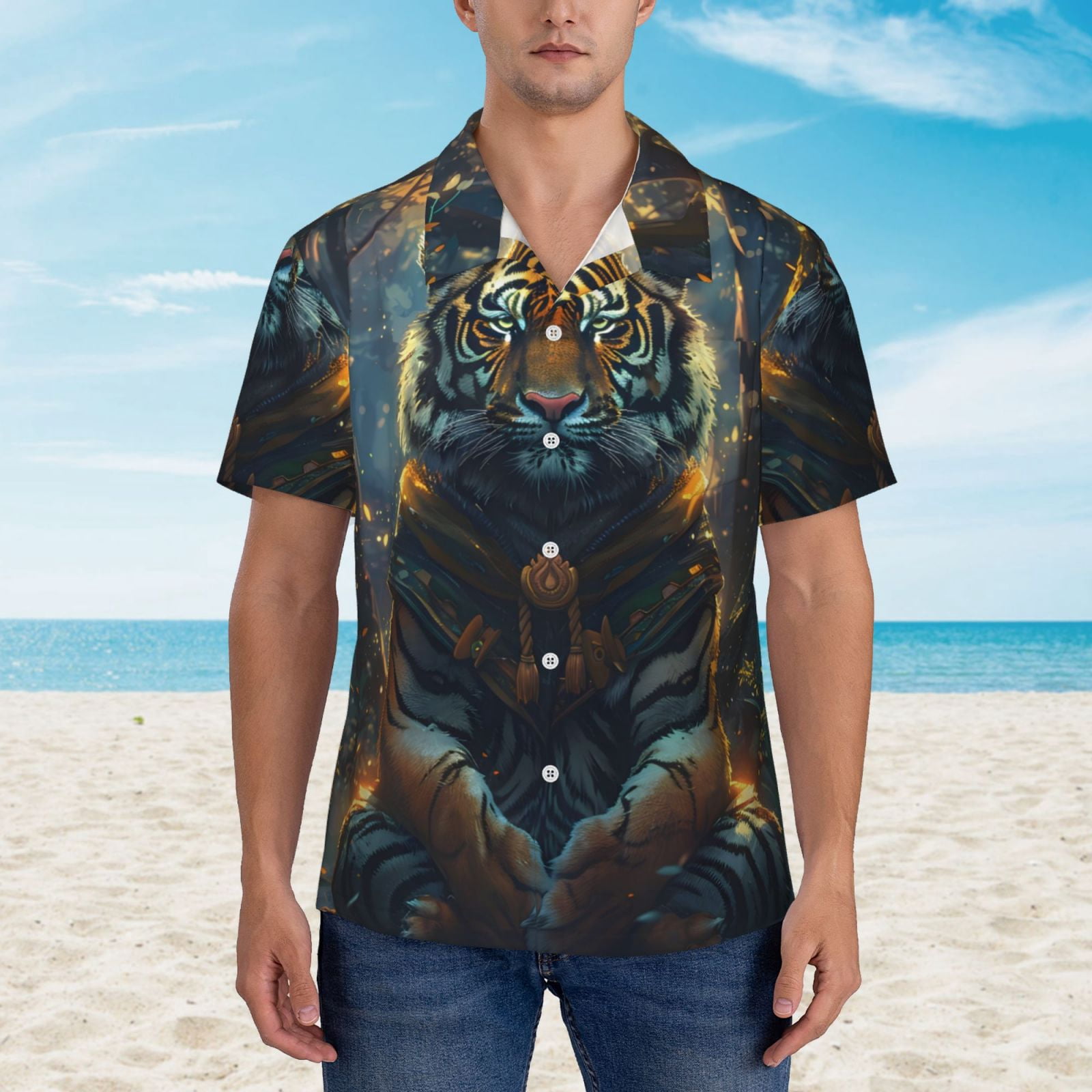 Logiee Forest Meditating Tiger Print Mens Hawaiian Shirts,Loose-Fit Short Sleeve Button Down Tropical Aloha Beach Shirt,Summer Vacation Wedding Tops,