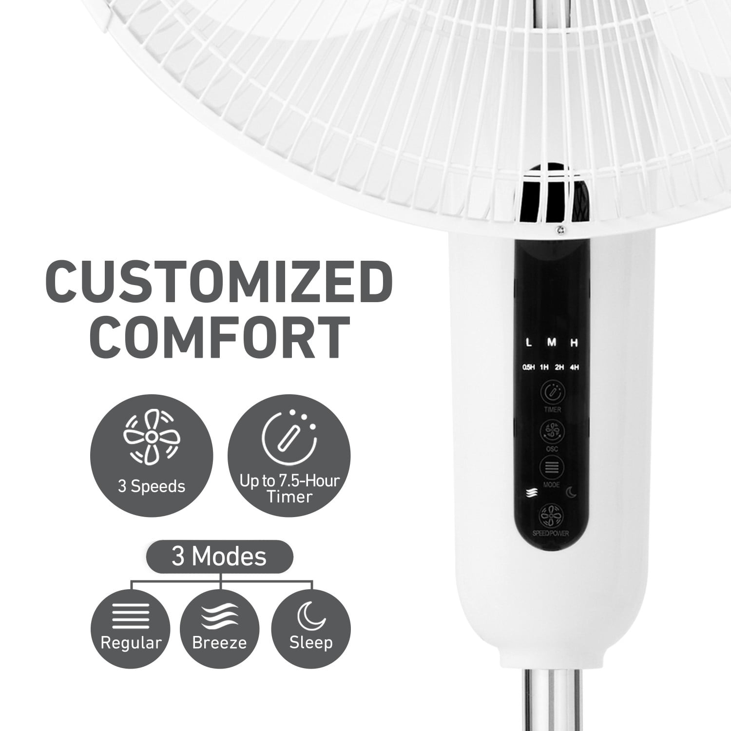 Holmes 16" Digital Stand Fan, 3-Speed, 3 Modes, Oscillating, Timer, Remote, White