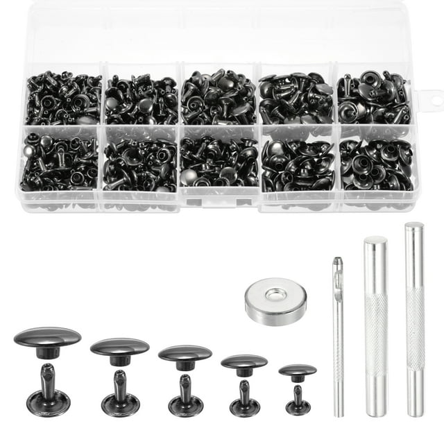 Uxcell Kit de Rivets en Cuir Double Capuchon 340, Tailles Mixtes Capuchon Rond Goujons Métalliques pour Réparation de Collier pour Animaux, Gunmetal