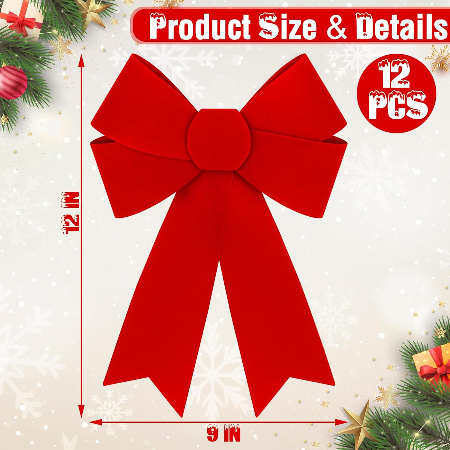 12 PCS Christmas Bows, 9 x 12 Inches Red Bows Christmas Decorations, Velvet PVC Christmas Bows for Wreaths Hanging Christmas Tree Bow Outdoor Indoor Xmas Home Party Supplies for Fence Stairs Door