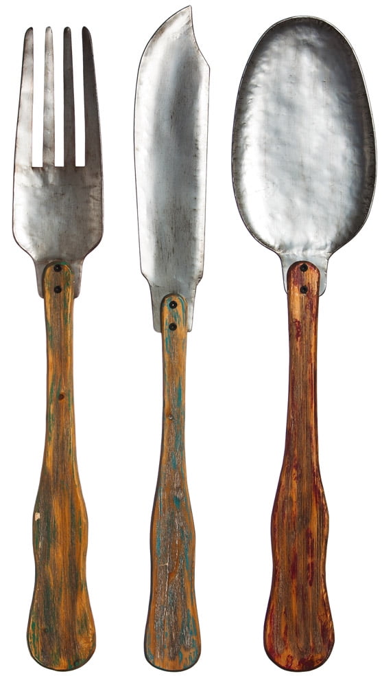 Vintage Metal And Wood Knife, Fork, And Spoon Wall Decor Set Of 3
