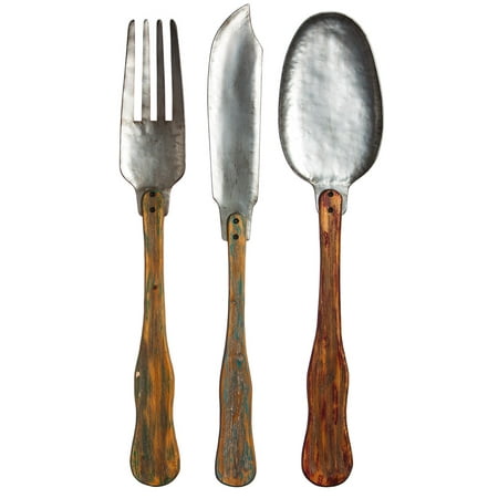 Vintage Metal And Wood Knife, Fork, And Spoon Wall Decor Set Of 3