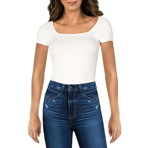 Yummie Womens Anette Square Neck Knit Bodysuit White S/M