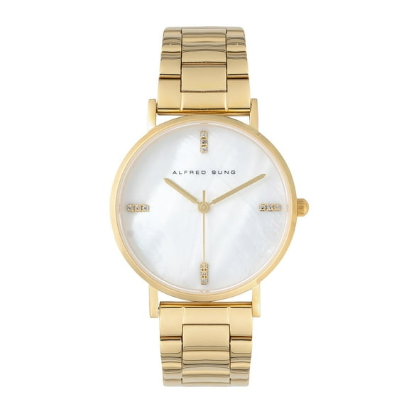 Alfred Sung Ladies Dress Gold Mother of Pearl Dial Link Watch