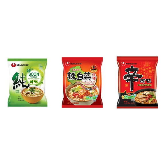 3 Pack Korean NongShim Gourmet Spicy Shin Instant Ramen Noodle, 3 Flavors(Soon Veggie,kimchi,shin red) Plus NineChef Brand Long Handle Coffee Spoon