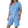 thumbnail image 3 of akafmk Summer Outfits for Women 2 Piece V Neck Button Short Sleeve Top and Drawstring Shorts Soft Casual Outfit, 3 of 6