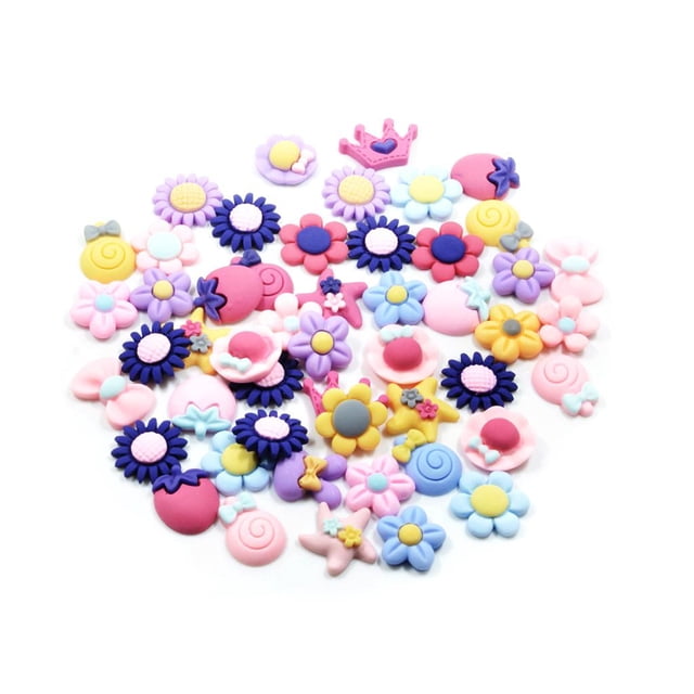 50 Piezas Mixtos DIY Flatbacks Resina Espalda Plana Flores Estrella Lollipop Cabujón Charm DIY Embellecimiento Gloria Cabujón de resina con reverso plano