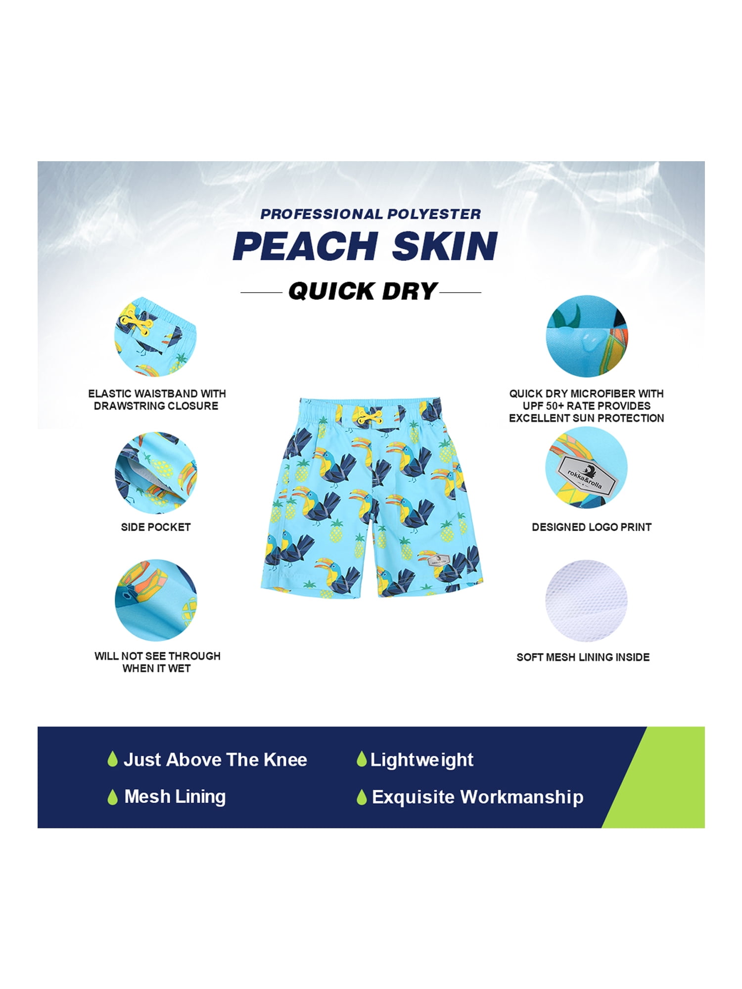 Rokka&Rolla Boys' Swim Trunks with Mesh Lining, UPF 50+ Sizes 4-18