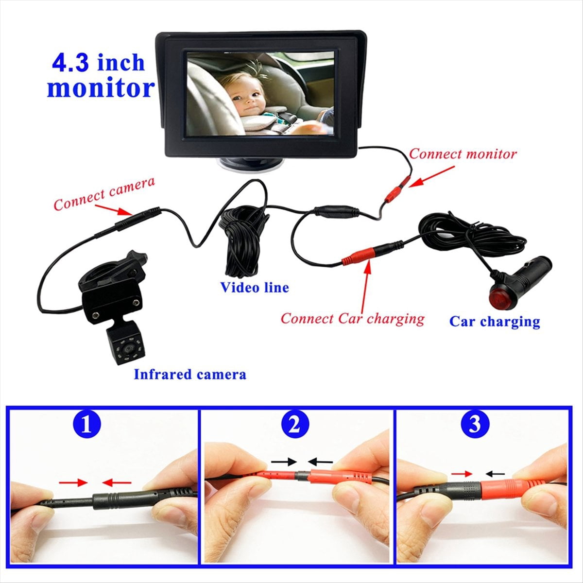 Baby Car Camera, Baby Car Rearview Mirror, 4.3 Inch Baby Car Monitor