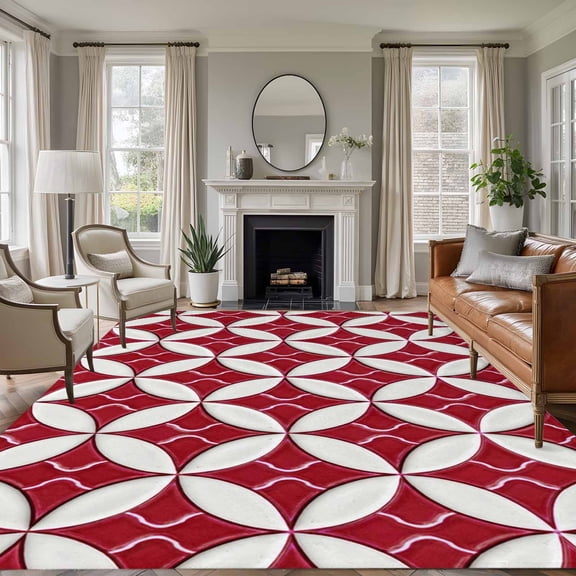 Large Area Rugs for Living Room Bedroom, Red Geometric 8'x10' Rug Washable Carpet Runner Indoor Outdoor, Vintage Rhombus Circle Texture Non Slip Floor Mats Rug for Kitchen, Patio