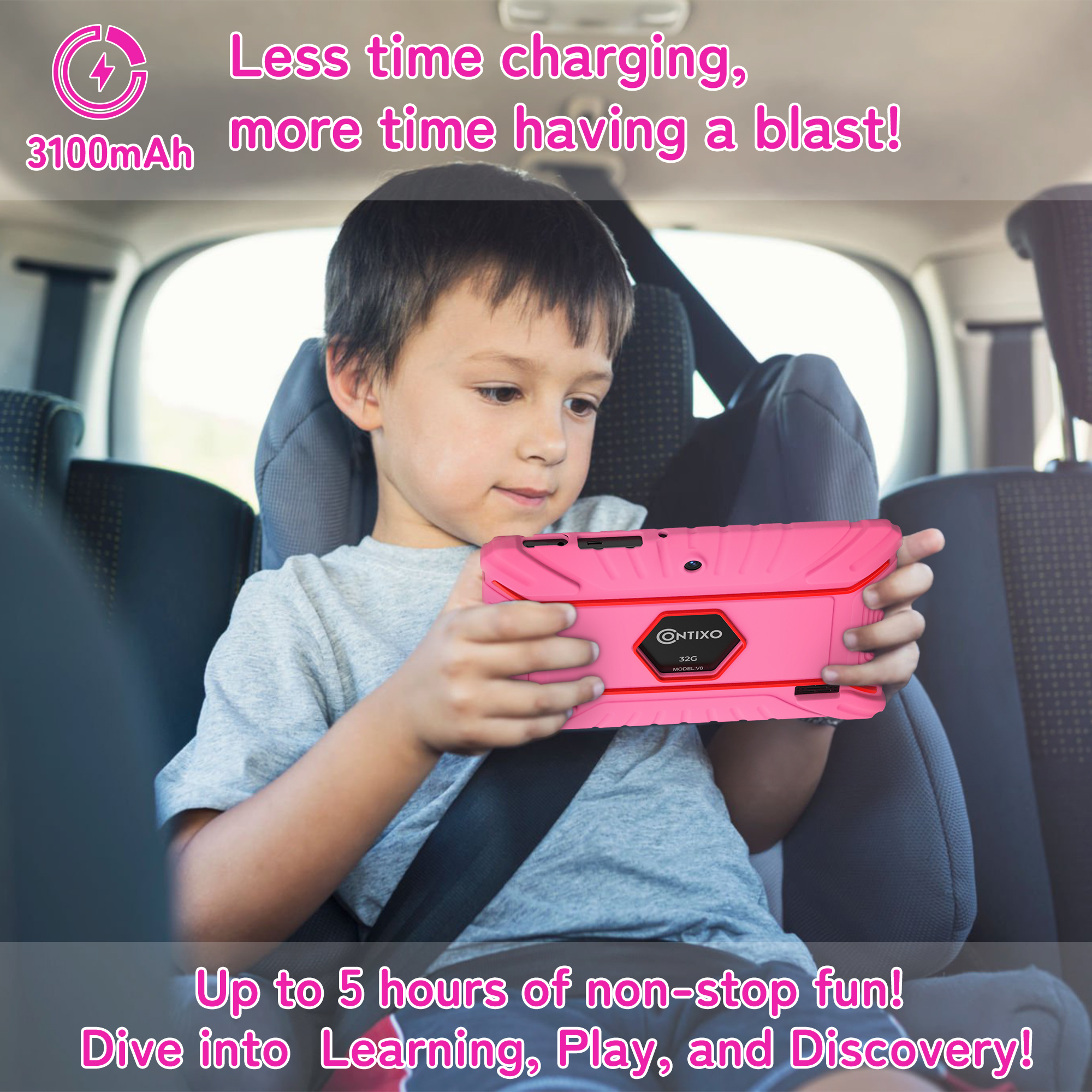 Contixo Kids Tablets 2025, Android Tablet for Kids with Parental Controls, 32GB Storage, 7", Pink