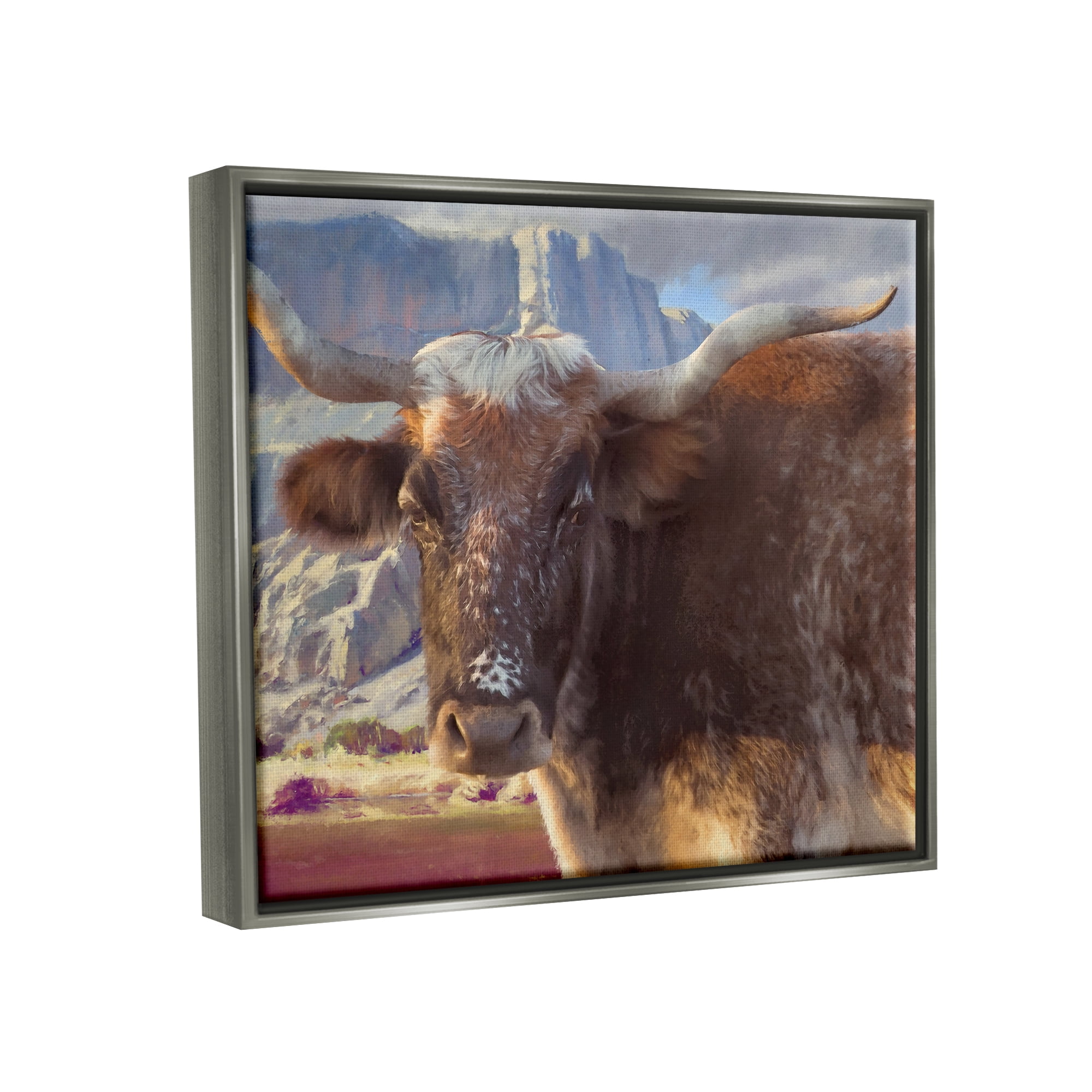 Stupell Longhorn Cattle Rural Mountains Animals & Insects Painting Gray Floater Framed Art Print Wall Art