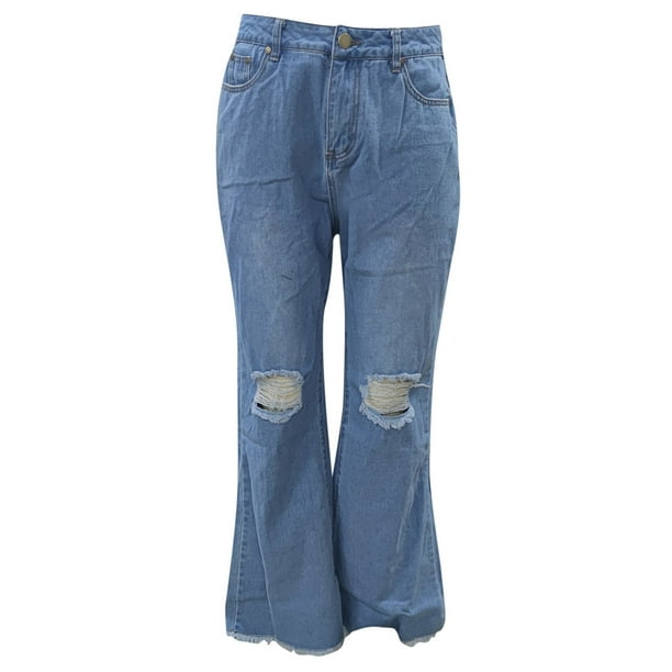 nsendm Female Pants Adult Womens Jean Dress Pants Women Pants Hole Denim Button Elastic Pocket Waist Jeans Trousers High Loose Women s Thick Blue XL
