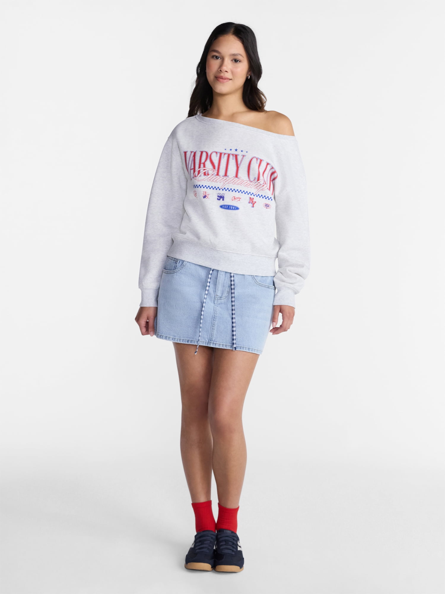No Boundaries Off the Shoulder Sweatshirt with Long Sleeves, Midweight, Women’s XXS-4X