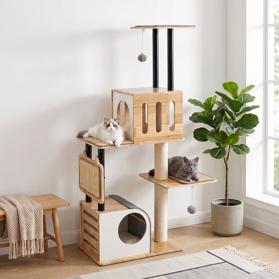 Dreischwarz Tall Cat Tower with Double Condos, Sisal Scratching Posts and Dangling Balls, Natural