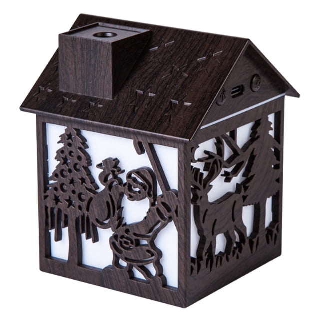 Humidificador con forma de casa, 2 modos de pulverización, USB, luz ambiental, tanque de agua de 240 ml con luz nocturna, humidificador de niebla para de madera oscura