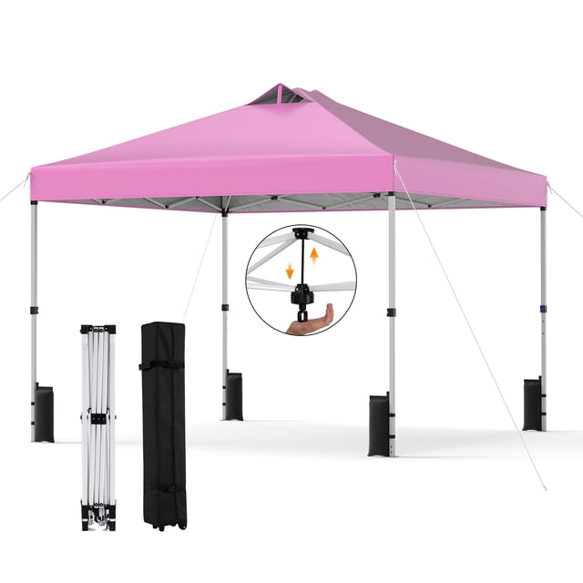 Gymax 10x10 FT Pop Up Canopy Tent 1-Person 1-Button Push Instant Setup w/ 4 Sandbags Pink